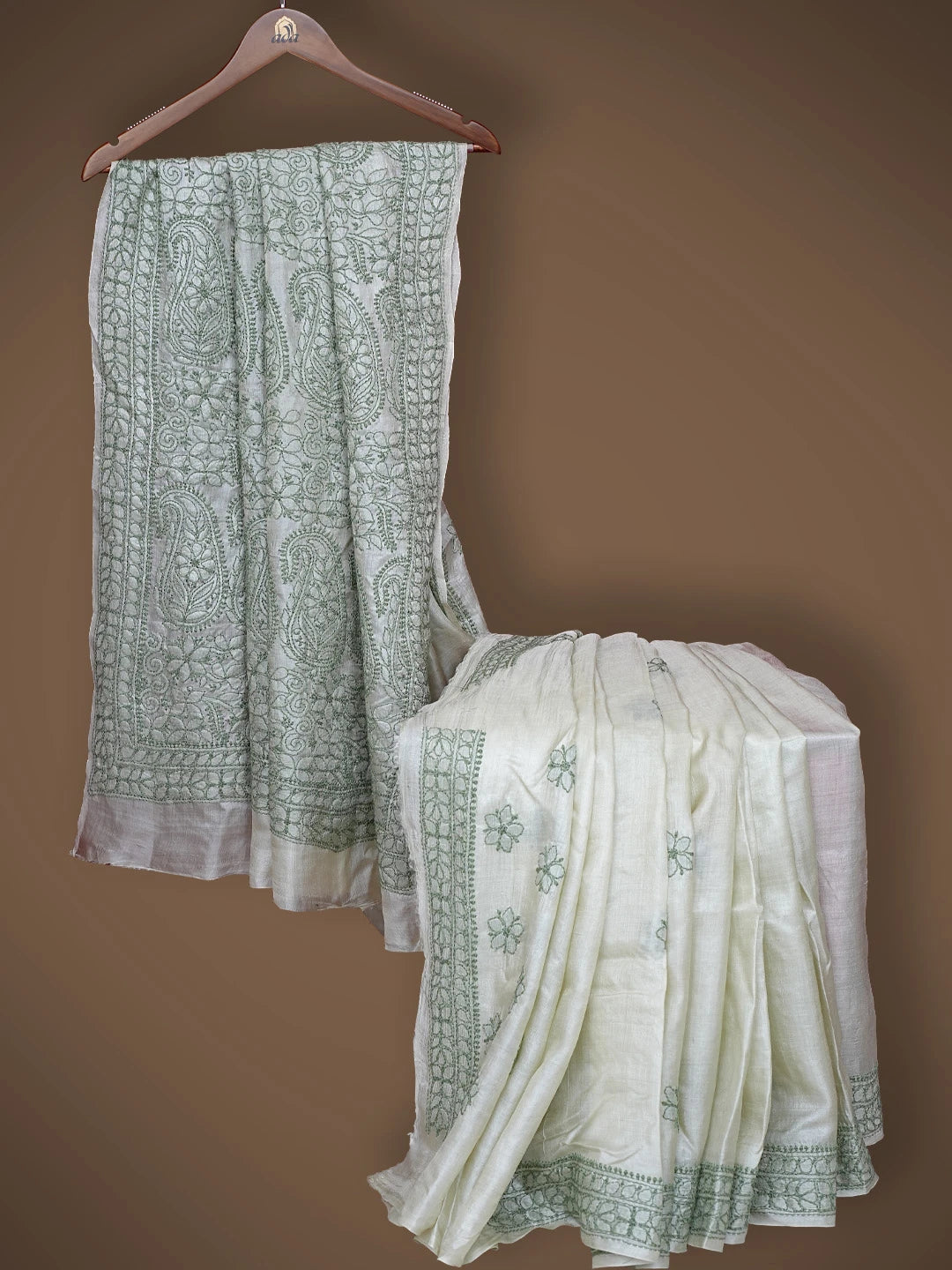 Ada Hand Embroidered Olive Green Tussar Silk Lucknowi Chikankari Saree With Blouse 01A837944
