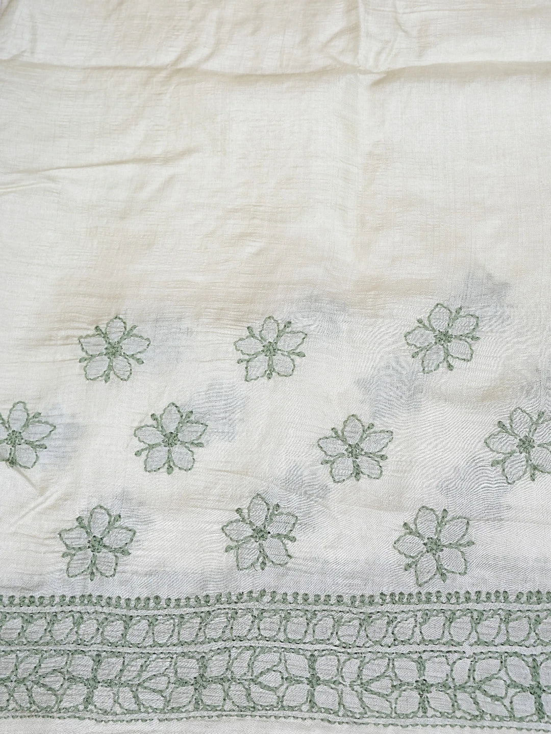 Ada Hand Embroidered Olive Green Tussar Silk Lucknowi Chikankari Saree With Blouse 01A837944