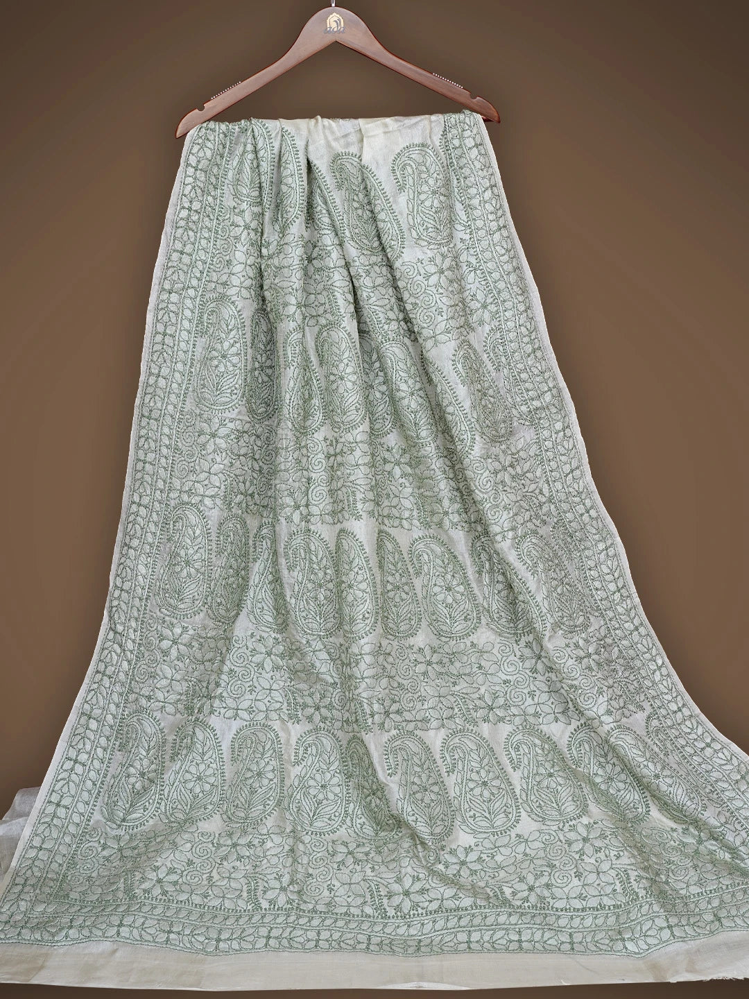 Ada Hand Embroidered Olive Green Tussar Silk Lucknowi Chikankari Saree With Blouse 01A837944