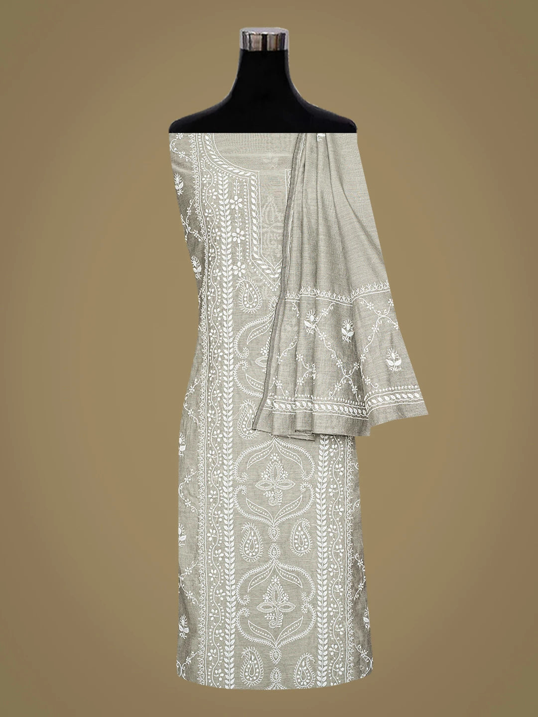 Ada Hand Embroidered Grey Chanderi Lucknowi Chikankari Unstitched Kurta Dupatta Set 01A836881