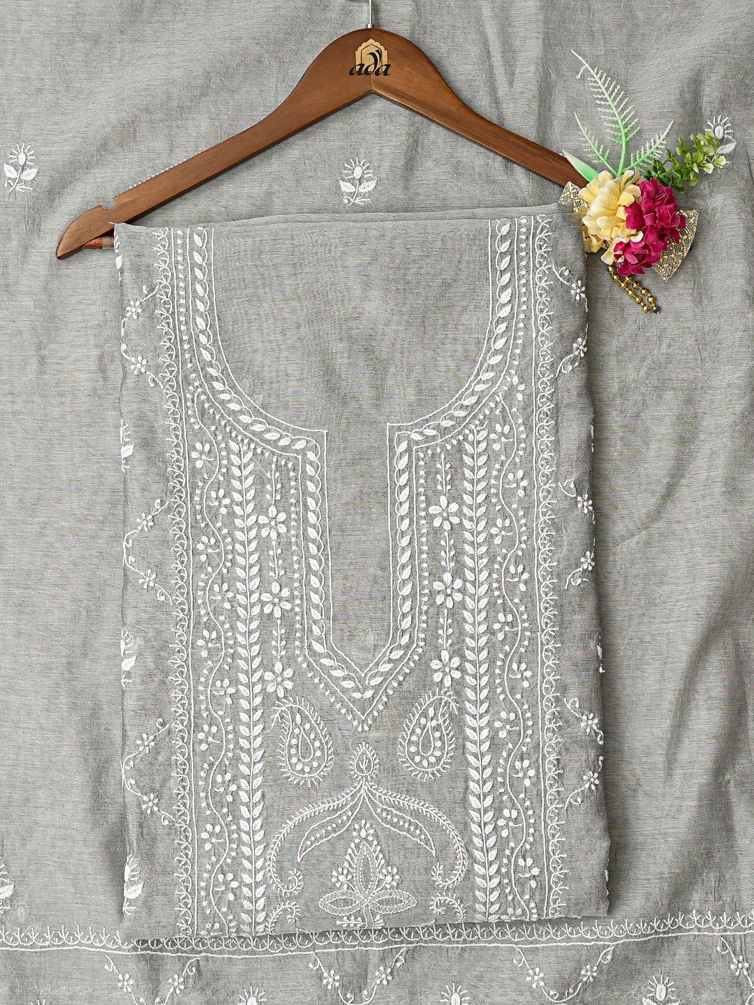 Ada Hand Embroidered Grey Chanderi Lucknowi Chikankari Unstitched Kurta Dupatta Set 01A836881