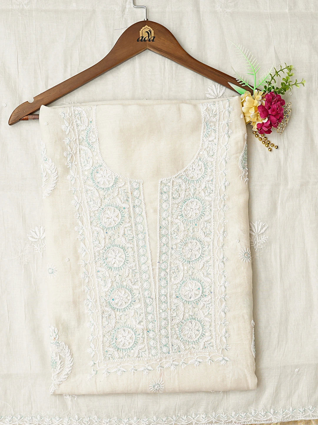 Ada Hand Embroidered White Chanderi Lucknowi Chikankari Unstitched Kurta Dupatta Set With Pearl Work 01A789287