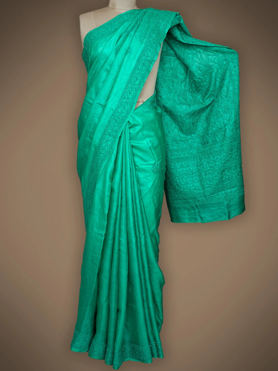 Ada Hand Embroidered Green Tussar Silk Lucknowi Chikankari Saree With Blouse 01A837937