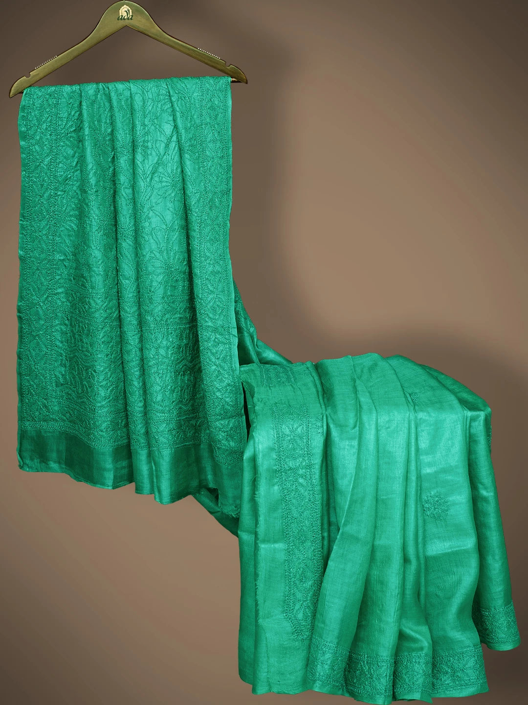 Ada Hand Embroidered Green Tussar Silk Lucknowi Chikankari Saree With Blouse 01A837937