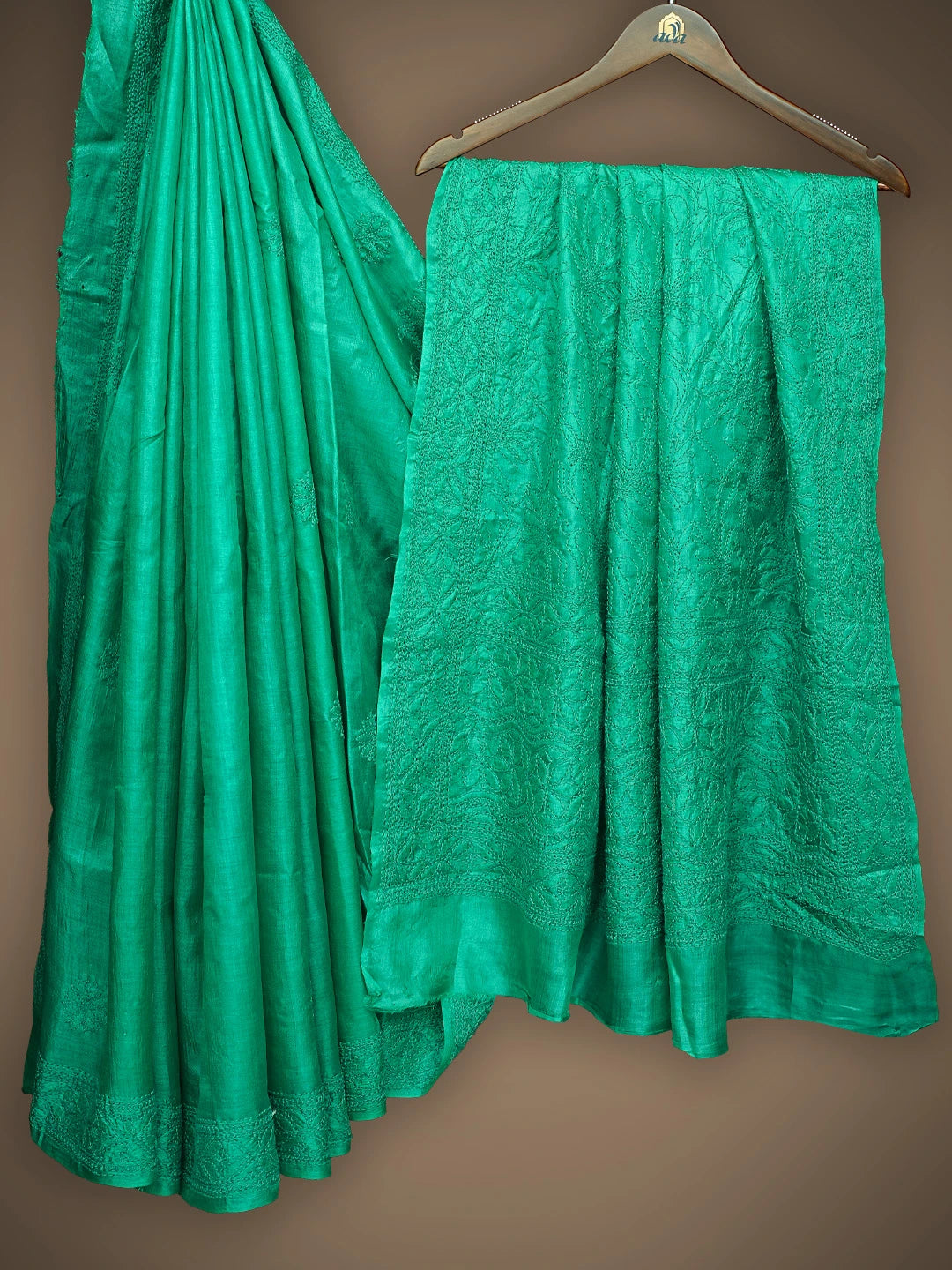 Ada Hand Embroidered Green Tussar Silk Lucknowi Chikankari Saree With Blouse 01A837937