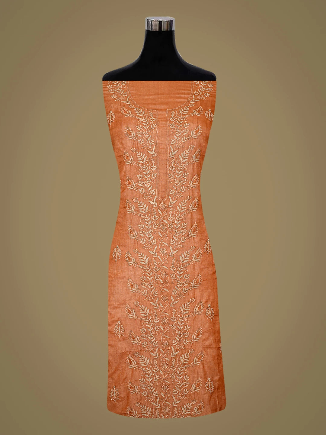 Ada Hand Embroidered Rust Tussar Silk Lucknowi Chikankari Unstitched Kurta Dupatta Set 01A836313