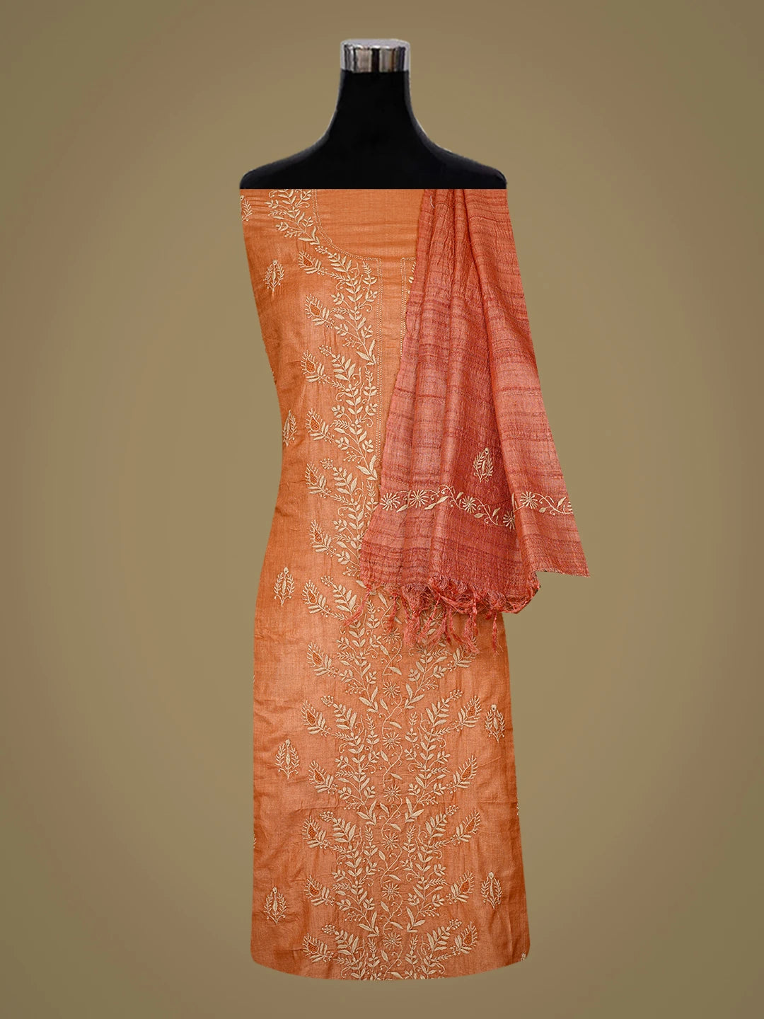 Ada Hand Embroidered Rust Tussar Silk Lucknowi Chikankari Unstitched Kurta Dupatta Set 01A836313