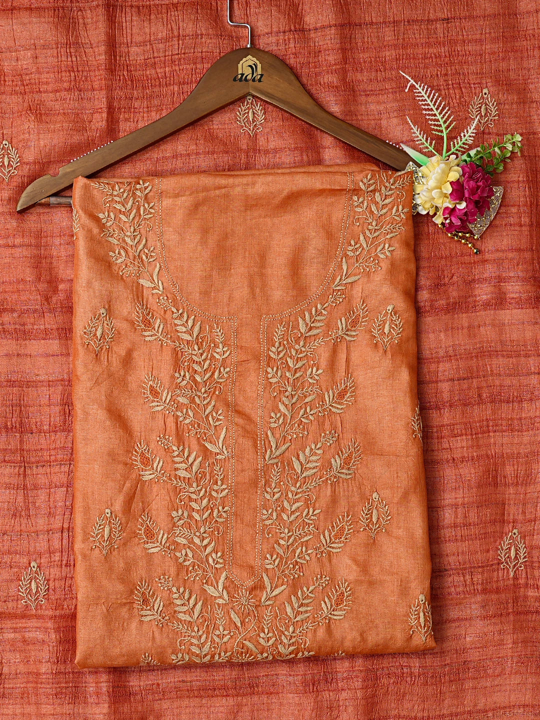 Ada Hand Embroidered Rust Tussar Silk Lucknowi Chikankari Unstitched Kurta Dupatta Set 01A836313