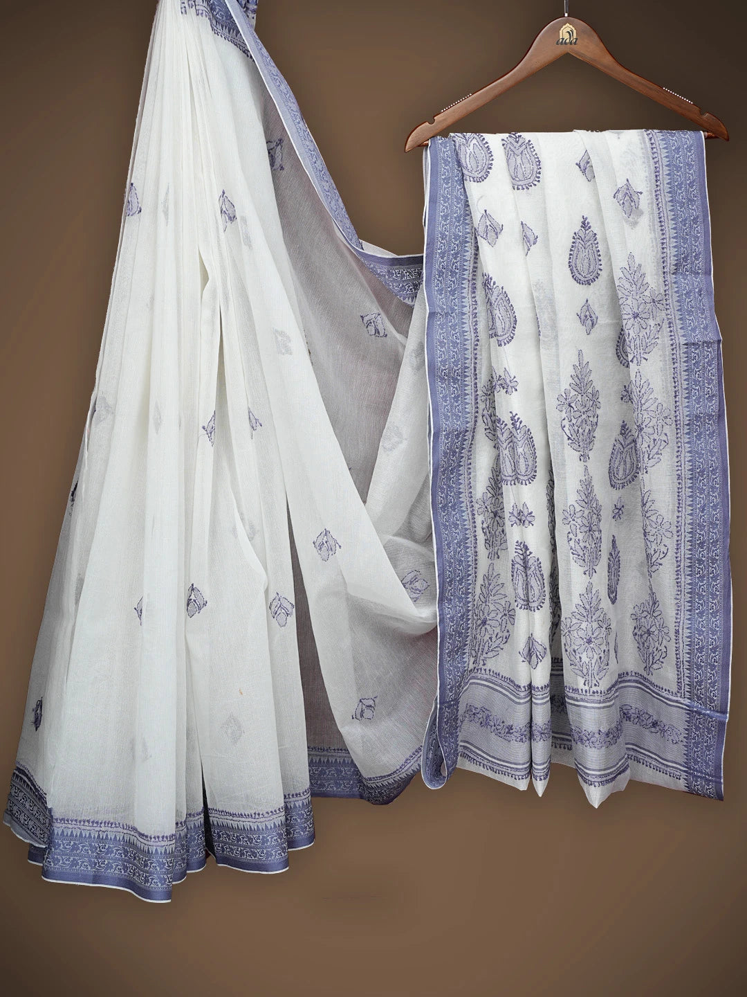 Ada Hand Embroidered White Chanderi Lucknowi Chikankari Saree With Blouse 01A837947