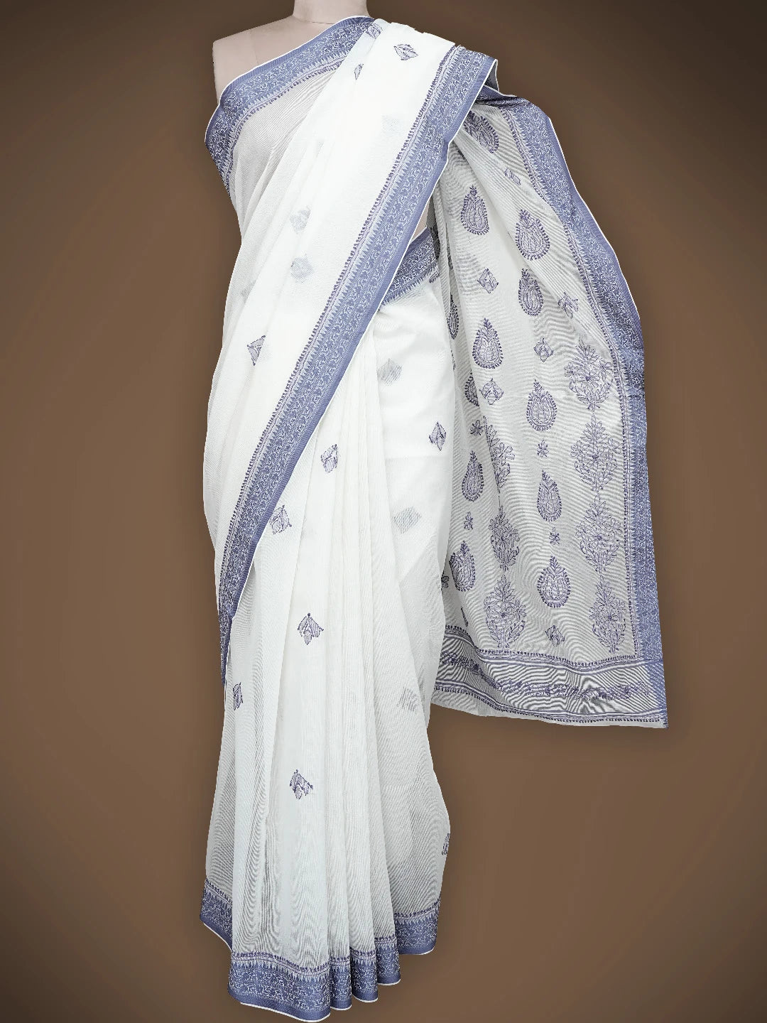 Ada Hand Embroidered White Chanderi Lucknowi Chikankari Saree With Blouse 01A837947
