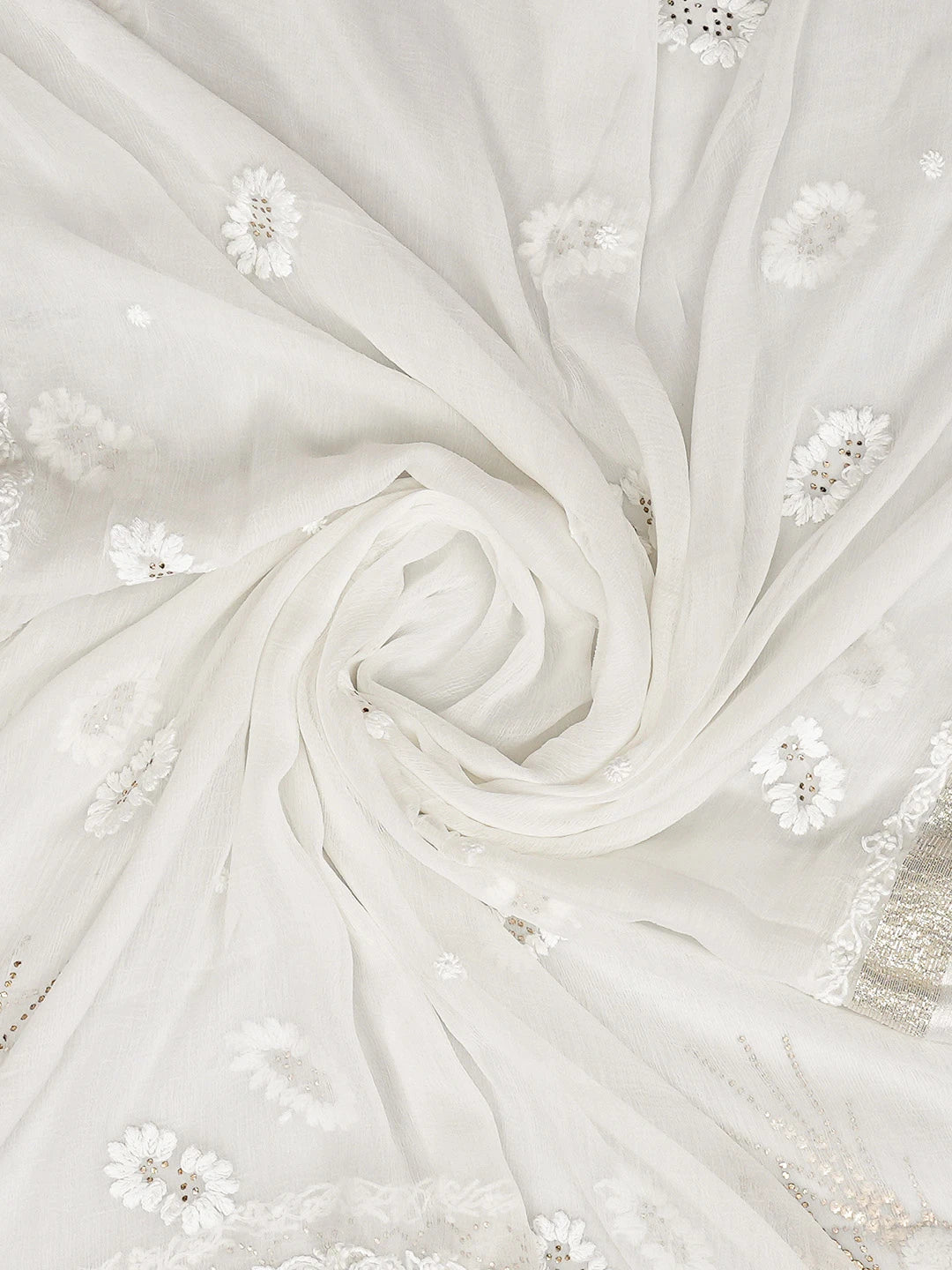 Ada Hand Embroidered White Chiffon Lucknowi Chikankari Dupatta With Mukaish Work 01A731210