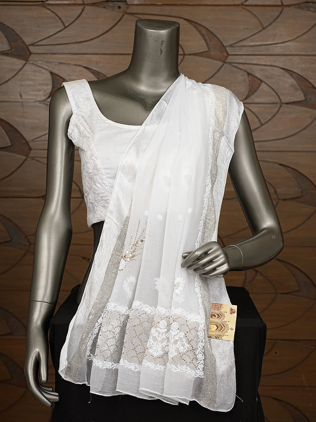 Ada Hand Embroidered White Chiffon Lucknowi Chikankari Dupatta With Mukaish Work 01A731210
