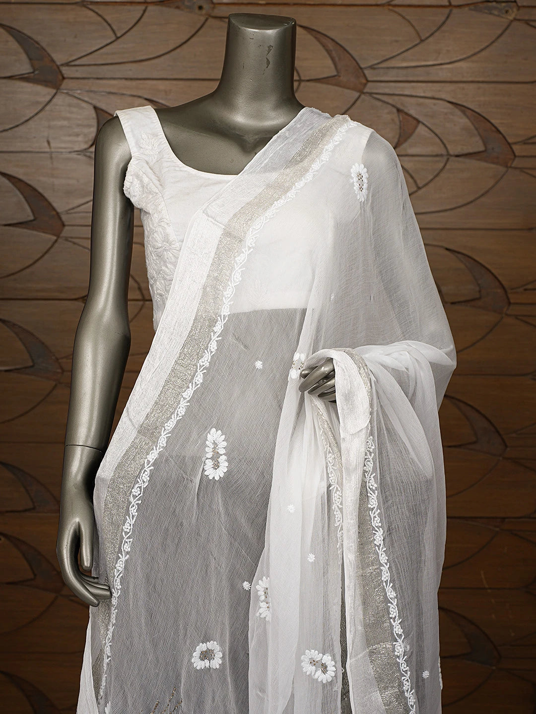 Ada Hand Embroidered White Chiffon Lucknowi Chikankari Dupatta With Mukaish Work 01A731210