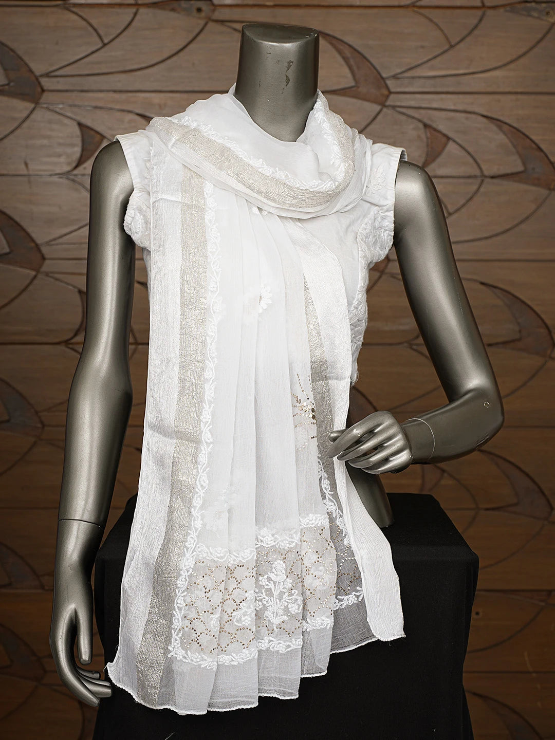 Ada Hand Embroidered White Chiffon Lucknowi Chikankari Dupatta With Mukaish Work 01A731210