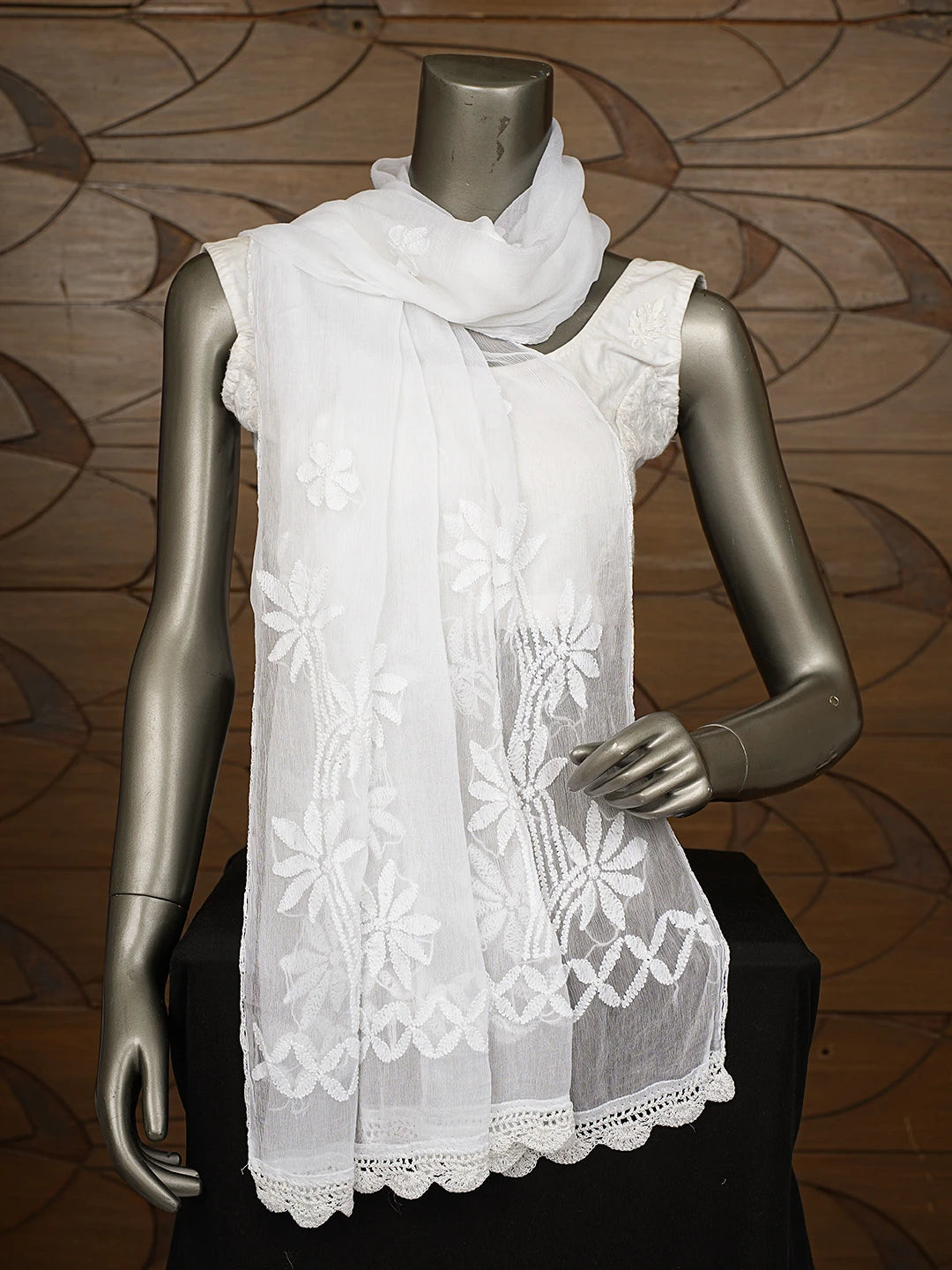 Ada Hand Embroidered White Chiffon Lucknowi Chikankari Dupatta 01A824730