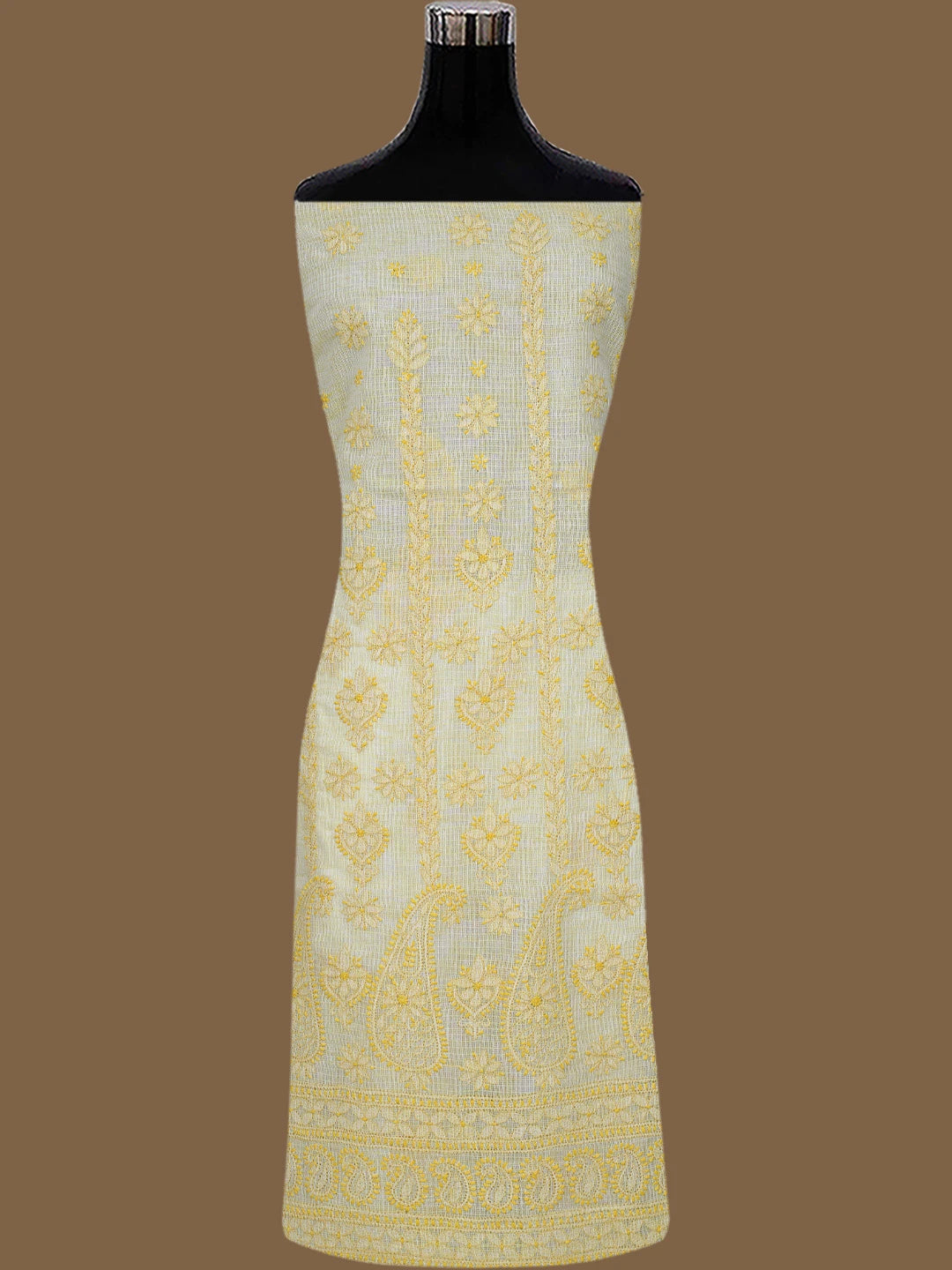 Ada Hand Embroidered Biscuit Yellow Kota Lucknowi Chikankari Unstitched Suit Piece 01A831724