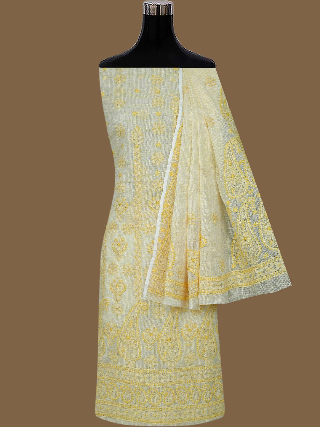 Ada Hand Embroidered Biscuit Yellow Kota Lucknowi Chikankari Unstitched Suit Piece 01A831724
