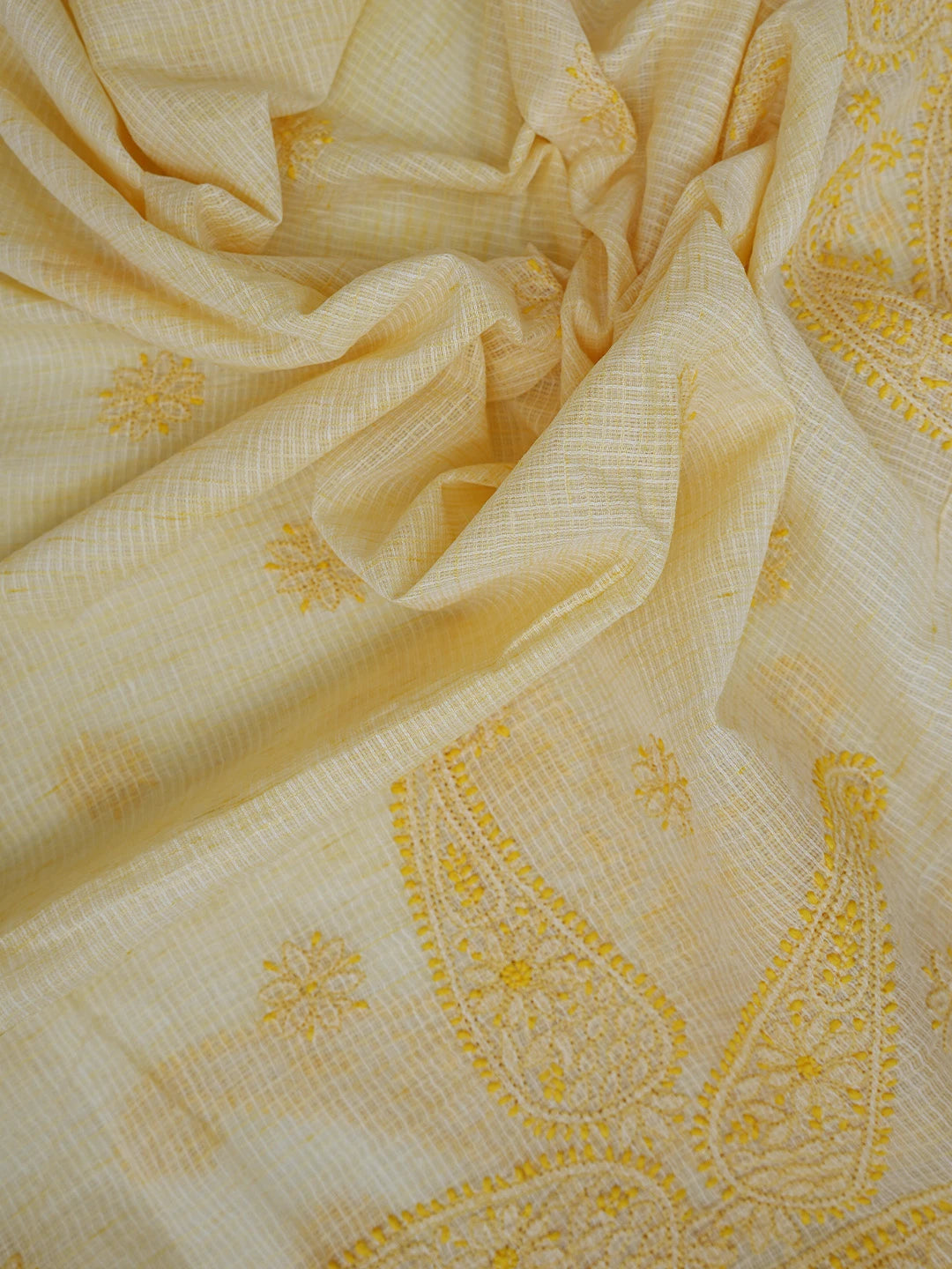 Ada Hand Embroidered Biscuit Yellow Kota Lucknowi Chikankari Unstitched Suit Piece 01A831724