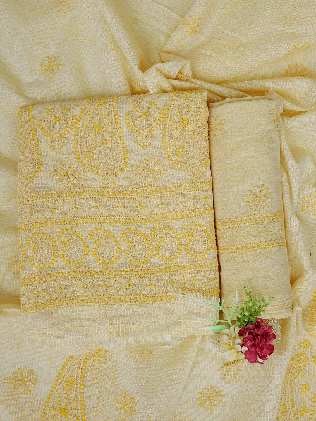 Ada Hand Embroidered Biscuit Yellow Kota Lucknowi Chikankari Unstitched Suit Piece 01A831724