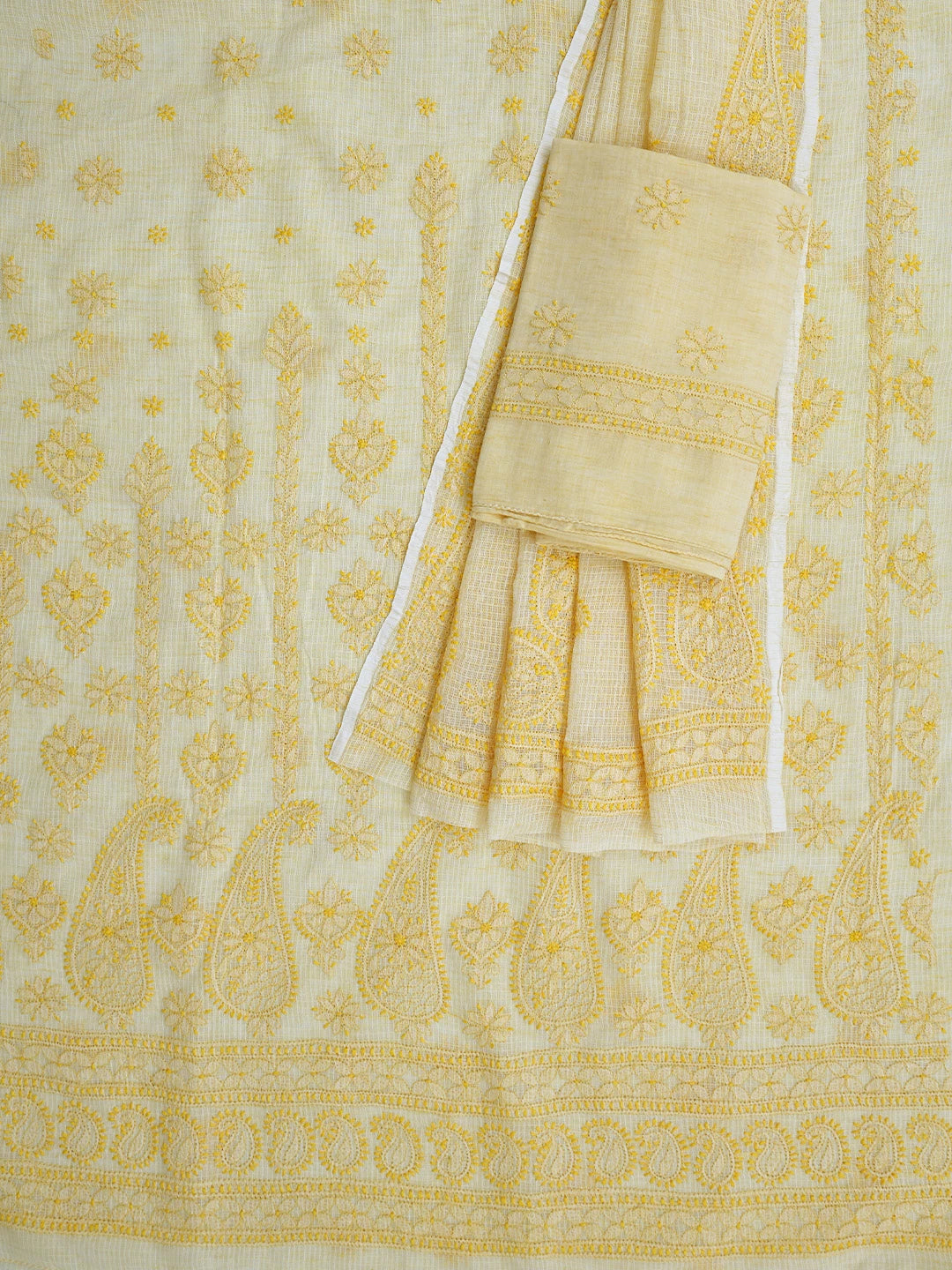Ada Hand Embroidered Biscuit Yellow Kota Lucknowi Chikankari Unstitched Suit Piece 01A831724
