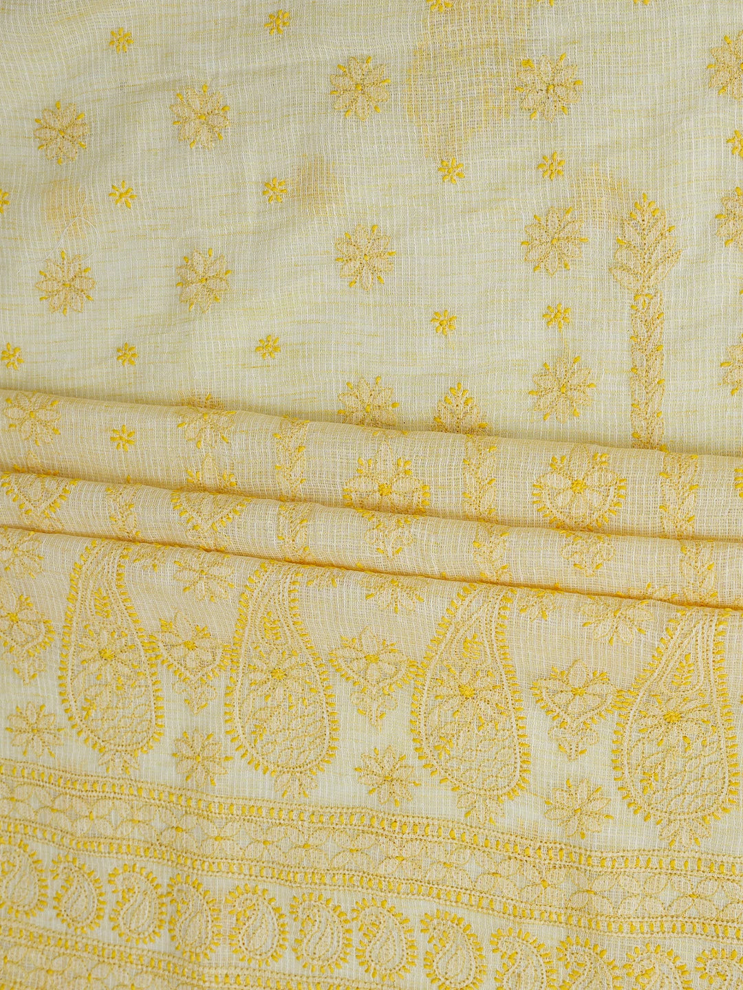 Ada Hand Embroidered Biscuit Yellow Kota Lucknowi Chikankari Unstitched Suit Piece 01A831724