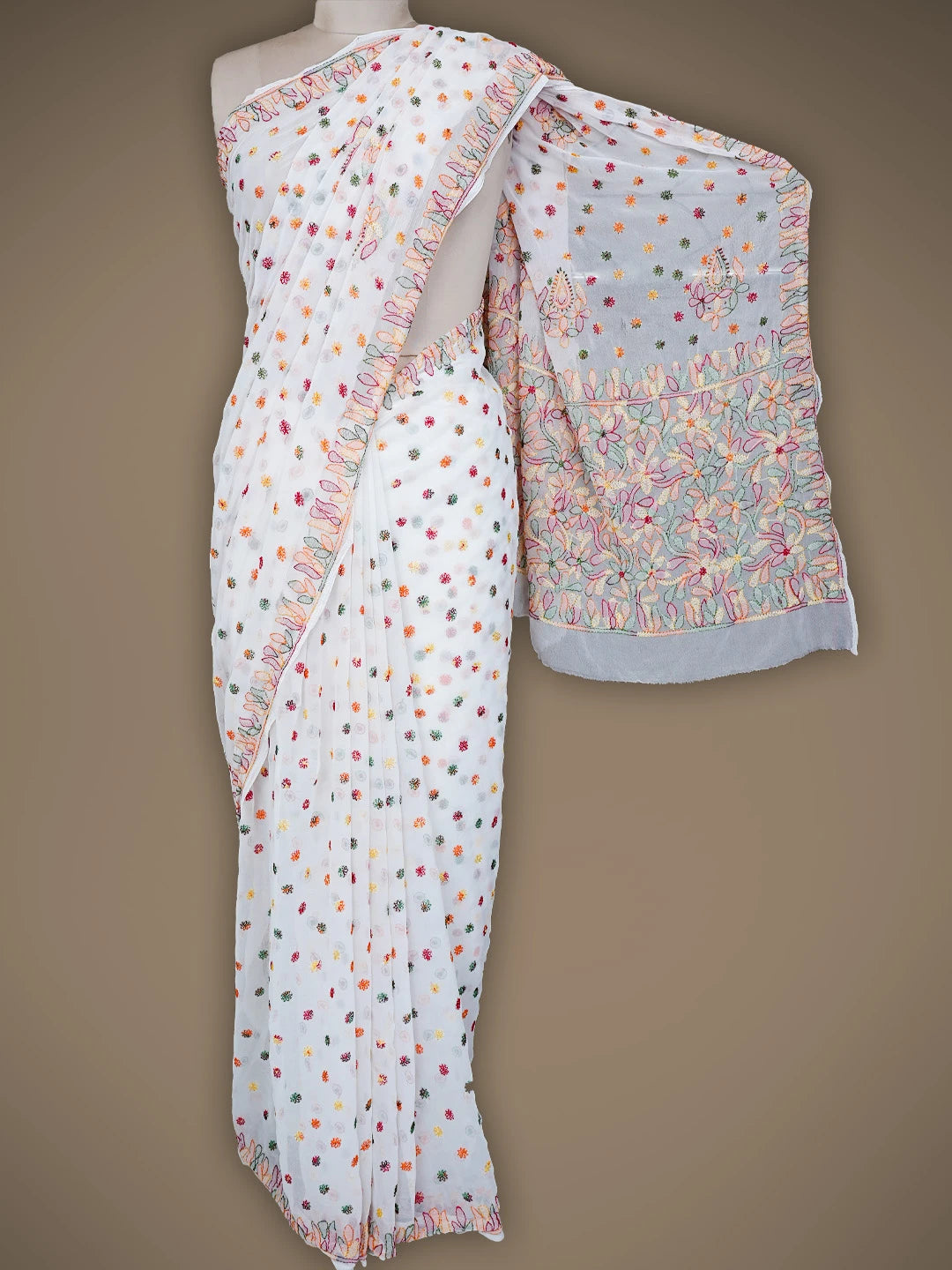Ada Hand Embroidered Alabaster White Georgette Lucknowi Chikankari Saree and Blouse 01A823597