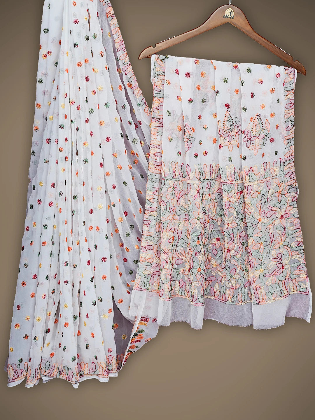 Ada Hand Embroidered Alabaster White Georgette Lucknowi Chikankari Saree and Blouse 01A823597
