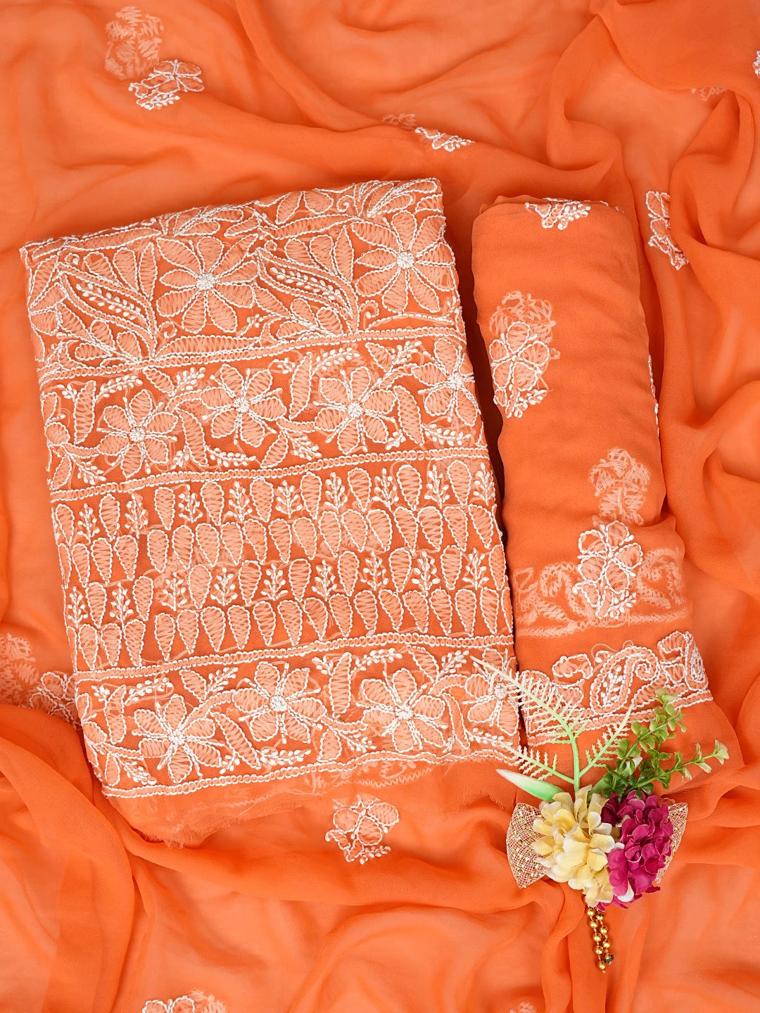 Ada Hand Embroidered Pastel Rust Georgette Lucknowi Chikankari Unstitched Suit Piece 01A836559