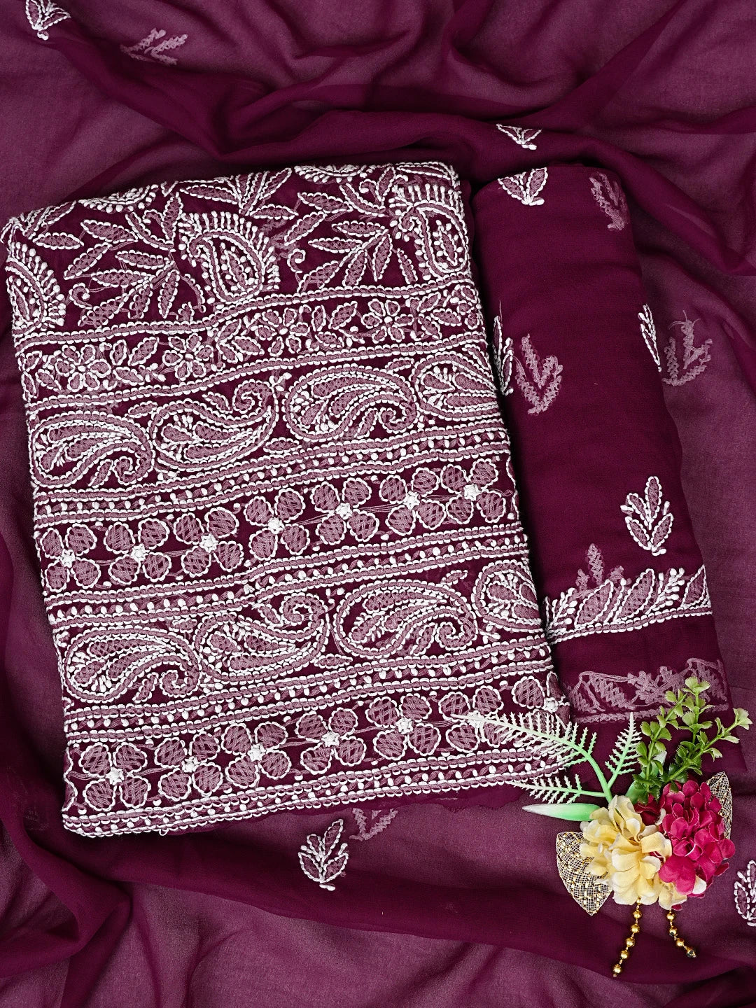 Ada Hand Embroidered Wine Georgette Lucknowi Chikankari Unstitched Suit Piece 01A836562