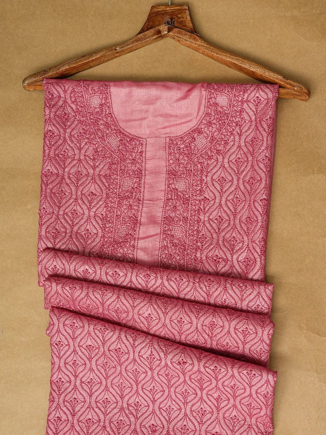 Ada Hand Embroidered Onion Pink Silk Lucknowi Chikankari Unstitched Men's Kurta Piece 01A795215