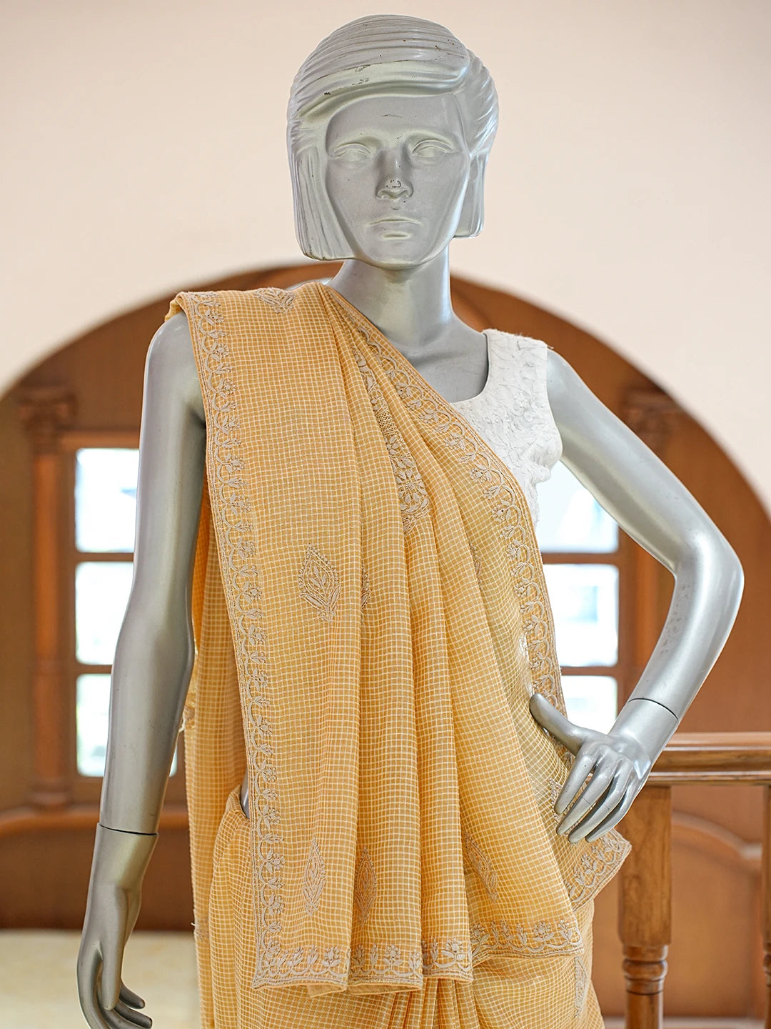 Ada Hand Embroidered Sandy Brown Silk Lucknowi Chikankari Saree and Blouse With Zari  Work 01A538479