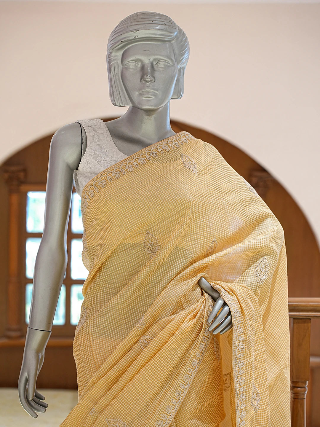 Ada Hand Embroidered Sandy Brown Silk Lucknowi Chikankari Saree and Blouse With Zari  Work 01A538479