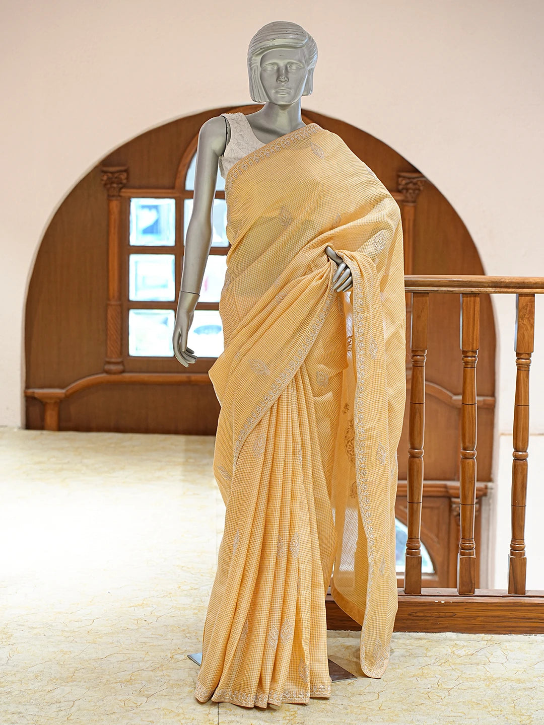 Ada Hand Embroidered Sandy Brown Silk Lucknowi Chikankari Saree and Blouse With Zari  Work 01A538479