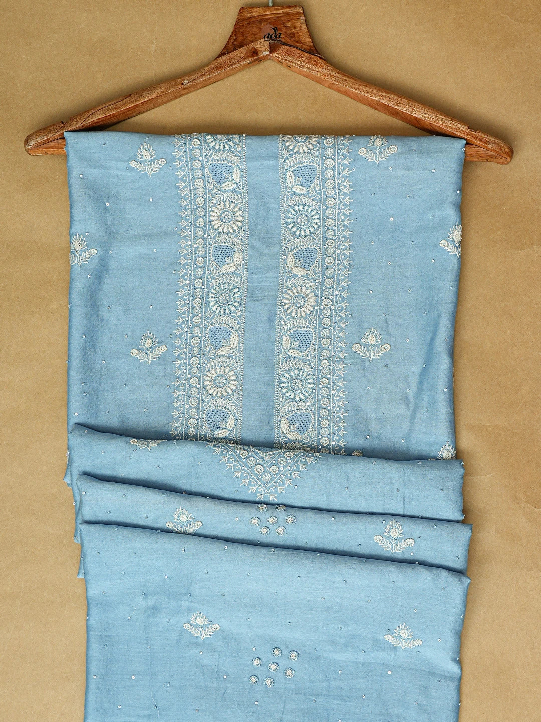 Ada Hand Embroidered Blue Chanderi Lucknowi Chikankari Unstitched Men's Kurta Piece With Cutdana Work 01A781911