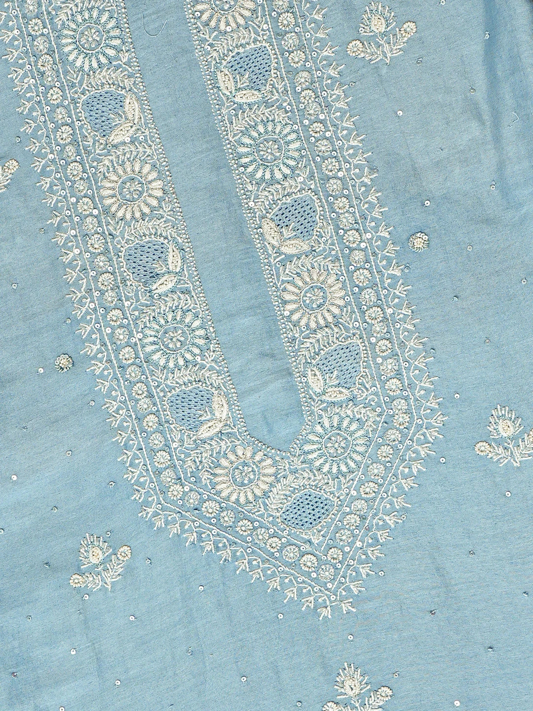 Ada Hand Embroidered Blue Chanderi Lucknowi Chikankari Unstitched Men's Kurta Piece With Cutdana Work 01A781911