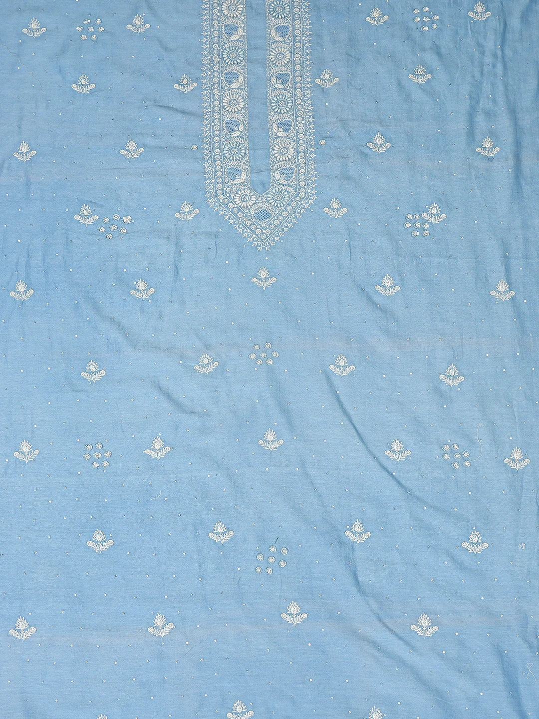 Ada Hand Embroidered Blue Chanderi Lucknowi Chikankari Unstitched Men's Kurta Piece With Cutdana Work 01A781911