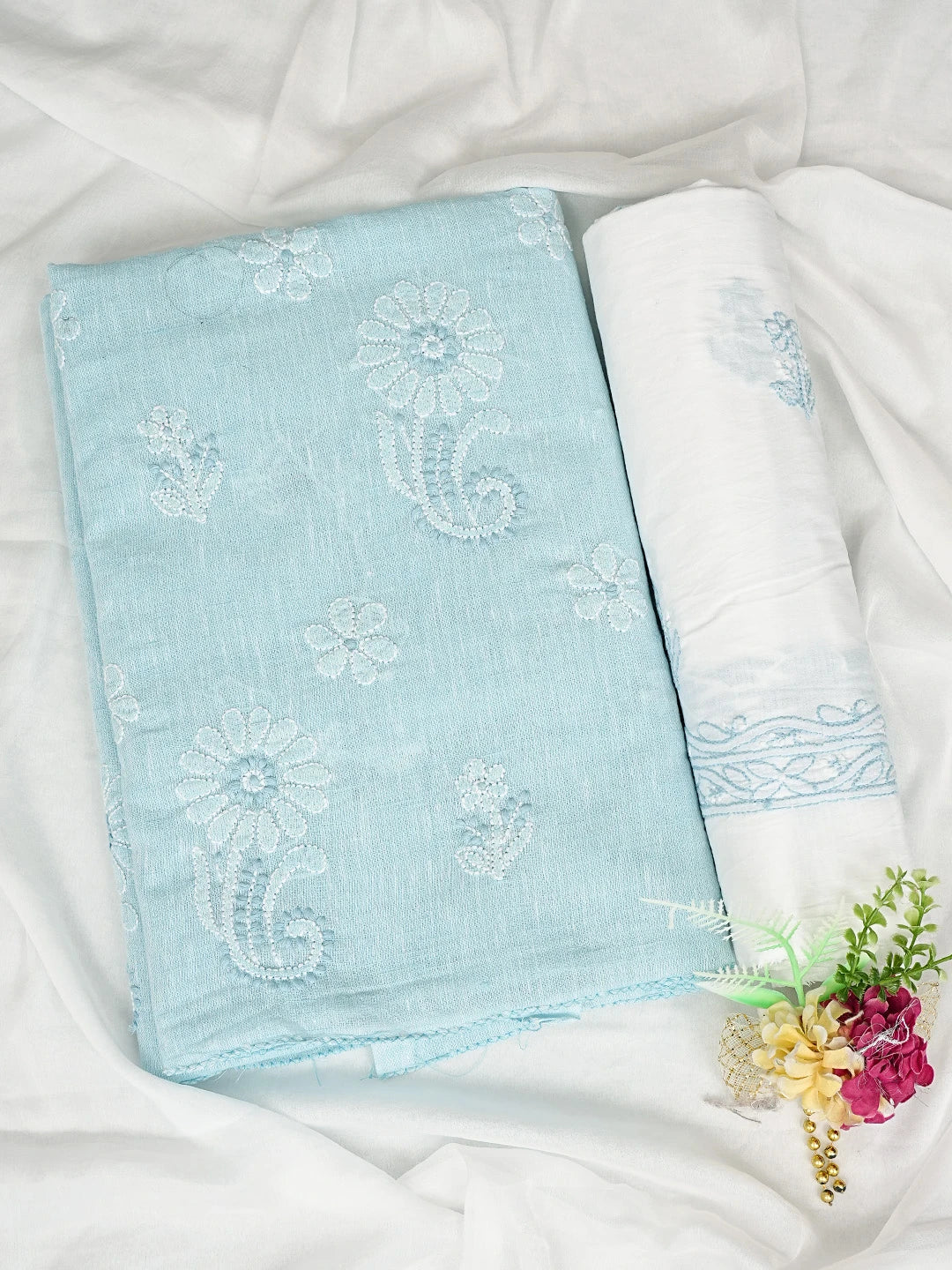 Ada Hand Embroidered Sky Blue Linen Lucknowi Chikankari Unstitched Suit Piece 01A836609