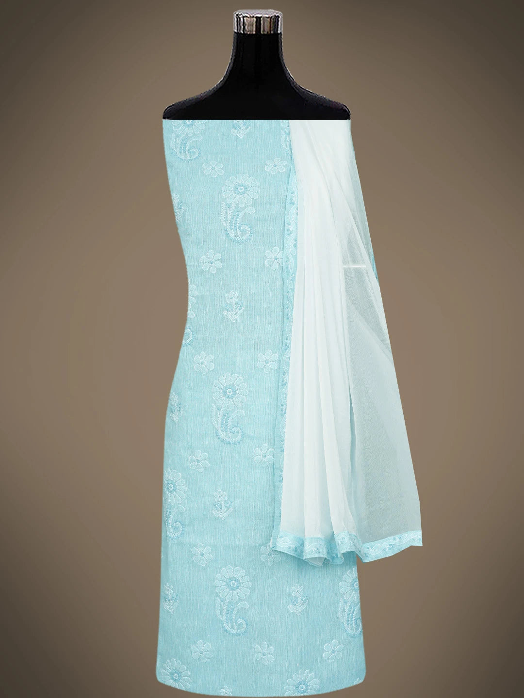 Ada Hand Embroidered Sky Blue Linen Lucknowi Chikankari Unstitched Suit Piece 01A836609