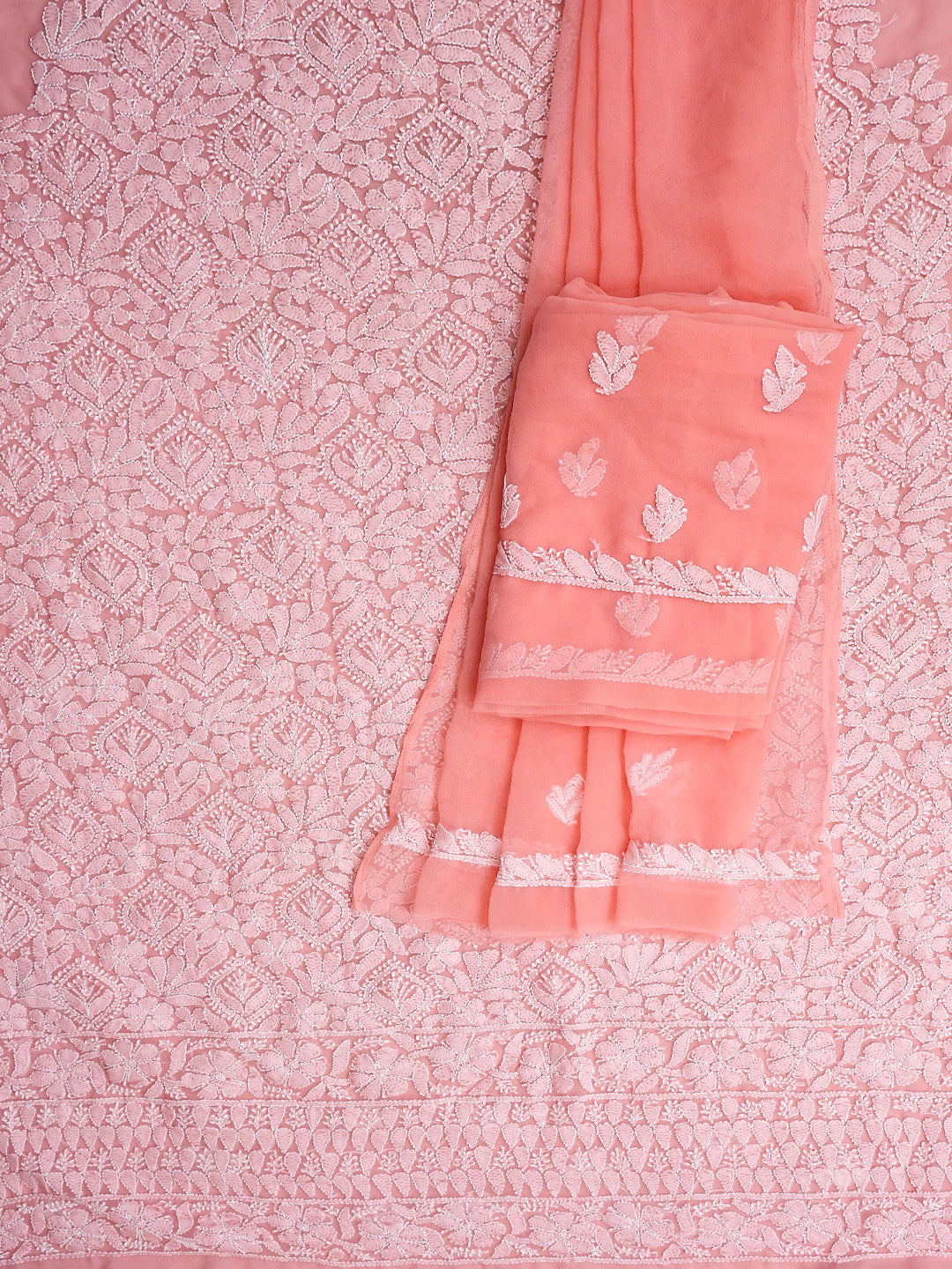 Ada Hand Embroidered Peach Georgette Lucknowi Chikankari Unstitched Suit Piece 01A836561