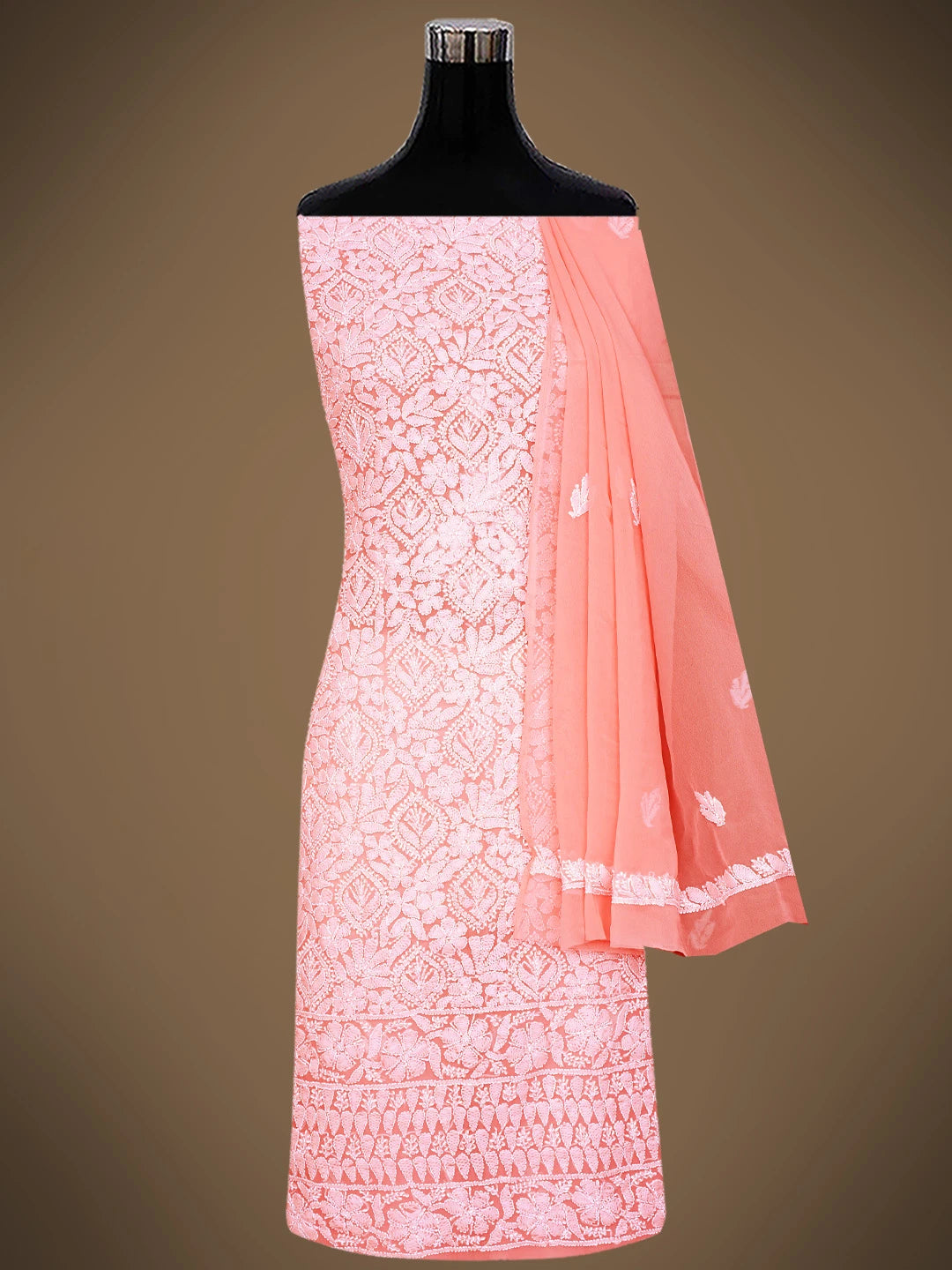 Ada Hand Embroidered Peach Georgette Lucknowi Chikankari Unstitched Suit Piece 01A836561
