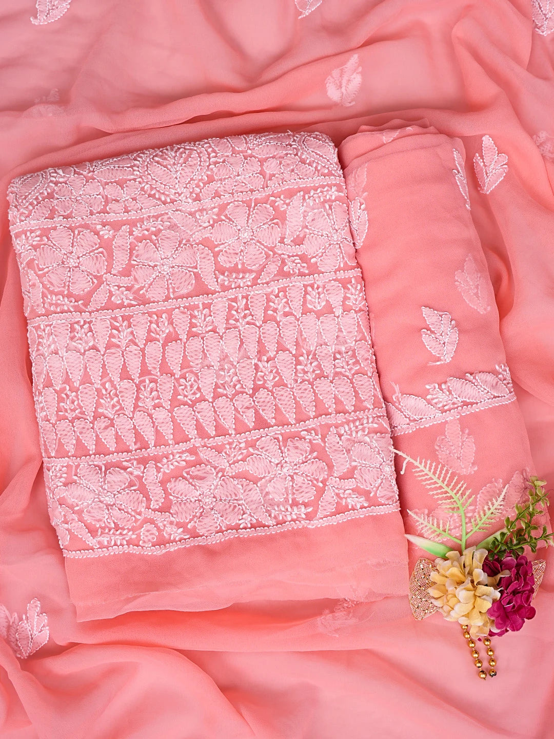 Ada Hand Embroidered Peach Georgette Lucknowi Chikankari Unstitched Suit Piece 01A836561
