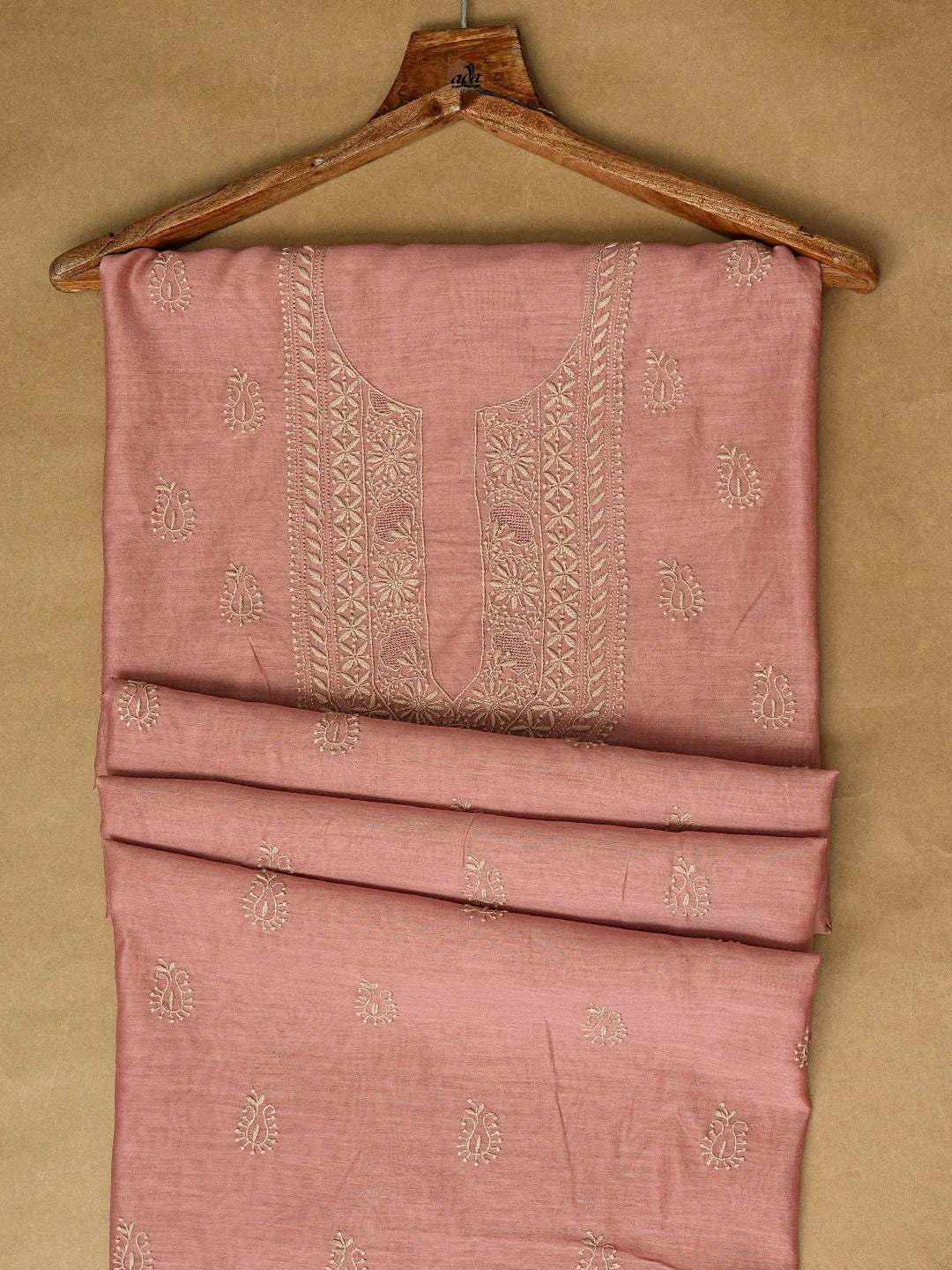Ada Hand Embroidered Dusty Peach Chanderi Lucknowi Chikankari Unstitched Men's Kurta Piece 01A836846