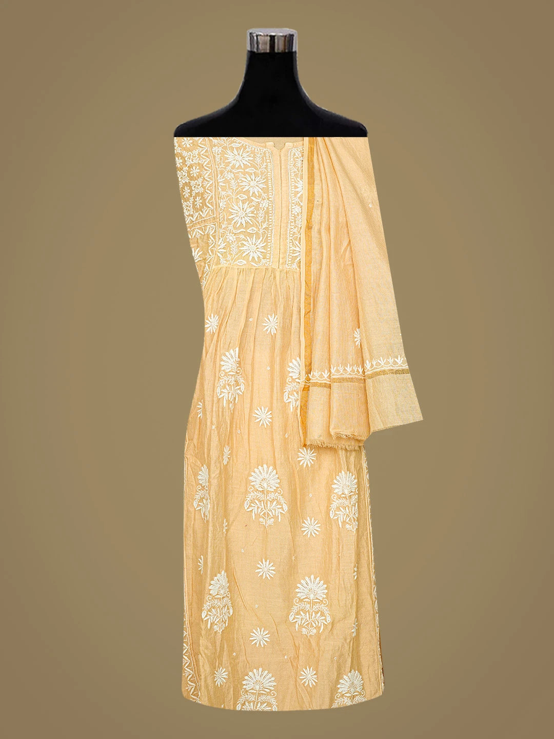 Ada Hand Embroidered Fawn Chanderi Lucknowi Chikankari Semi-Stitched Kurta Dupatta Set With Cutdana Work 01A749462
