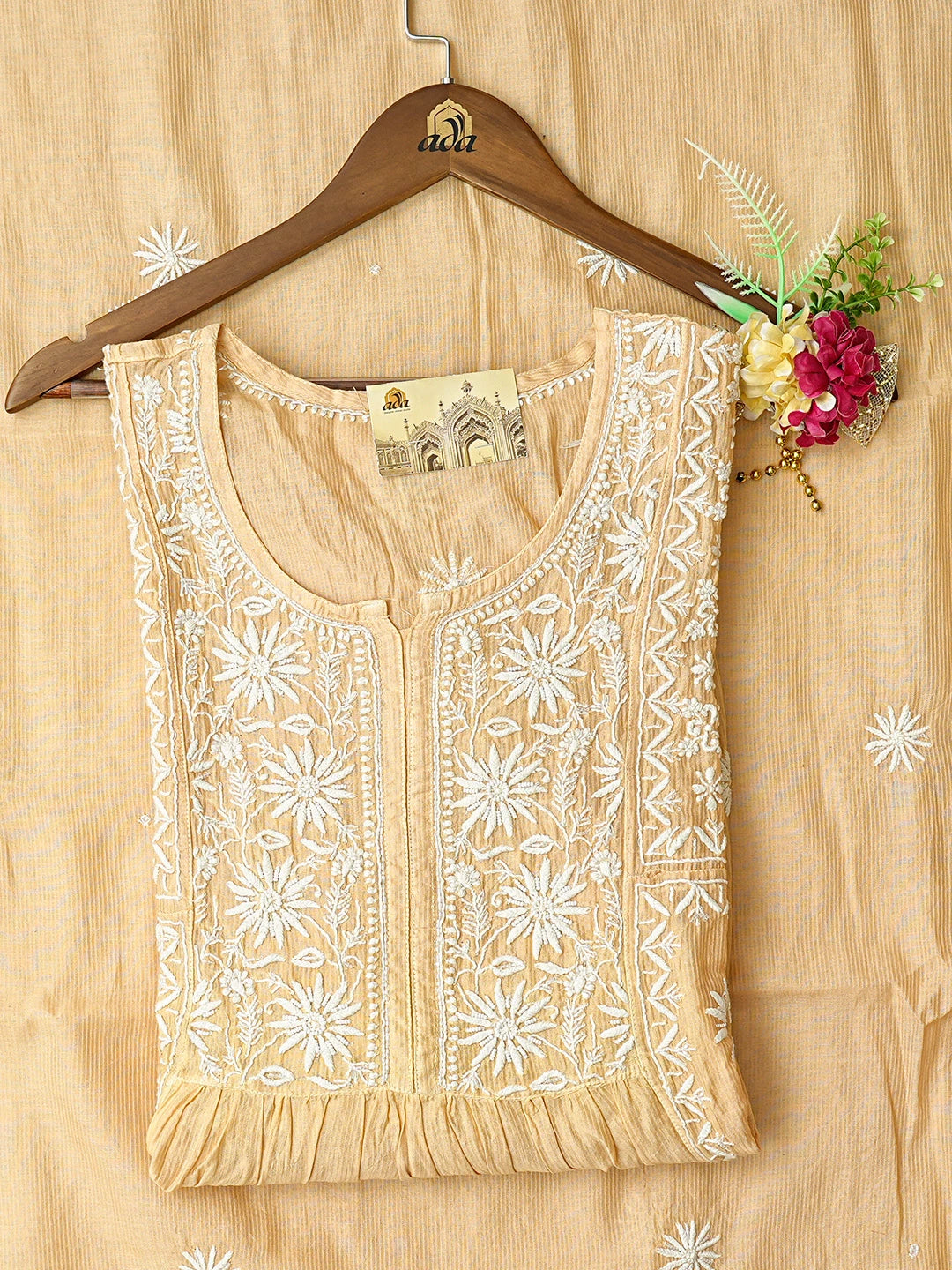 Ada Hand Embroidered Fawn Chanderi Lucknowi Chikankari Semi-Stitched Kurta Dupatta Set With Cutdana Work 01A749462