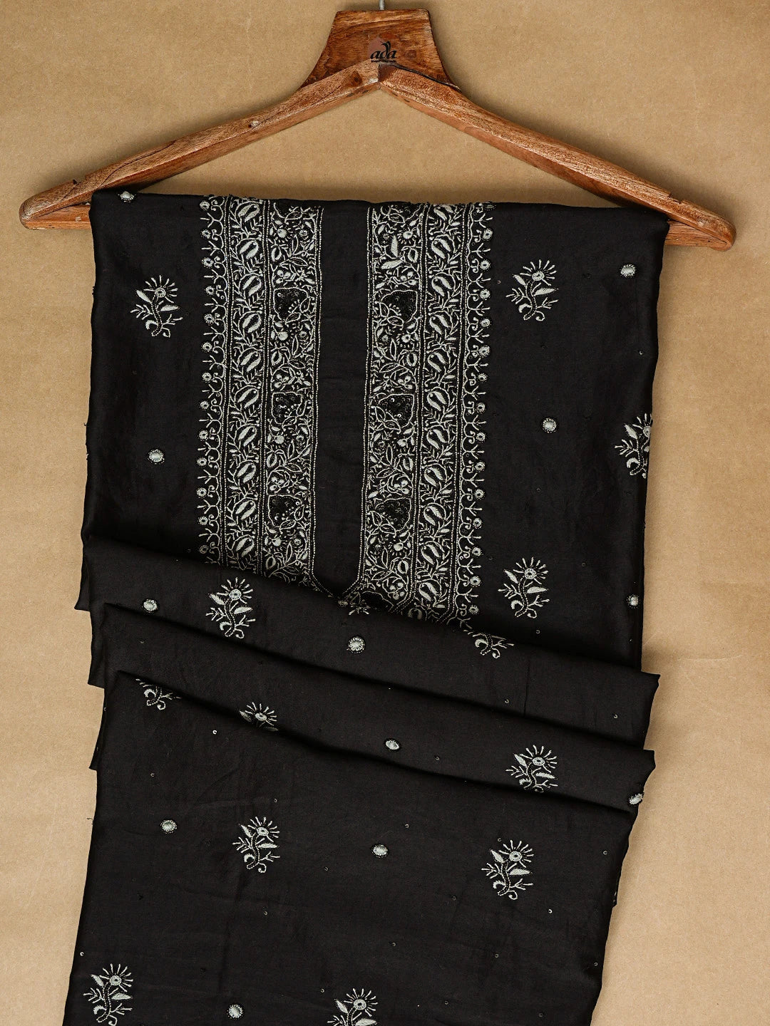 Ada Hand Embroidered Black Chanderi Lucknowi Chikankari Unstitched Men's Kurta Piece With Cutdana Work 01A707524