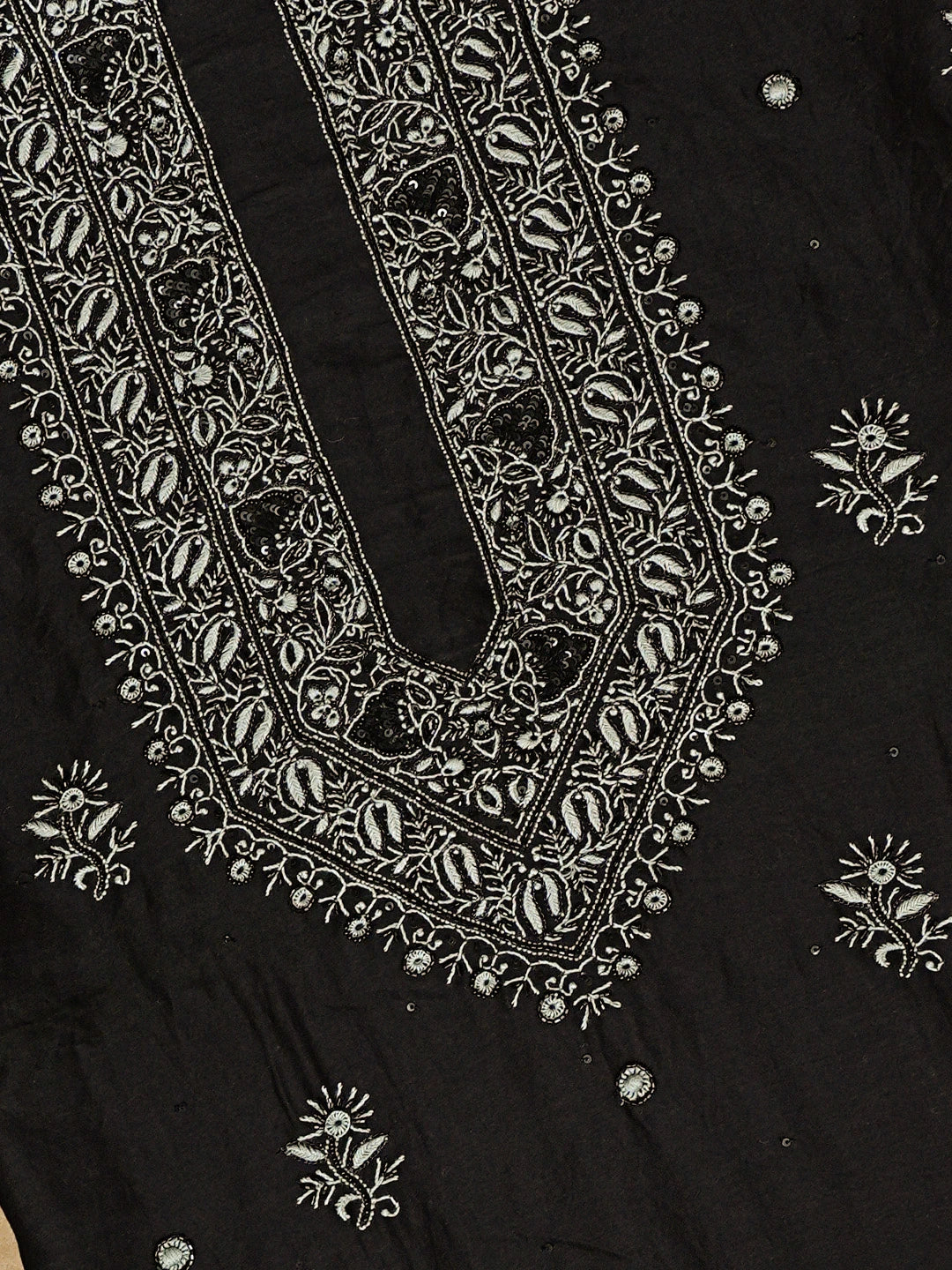 Ada Hand Embroidered Black Chanderi Lucknowi Chikankari Unstitched Men's Kurta Piece With Cutdana Work 01A707524