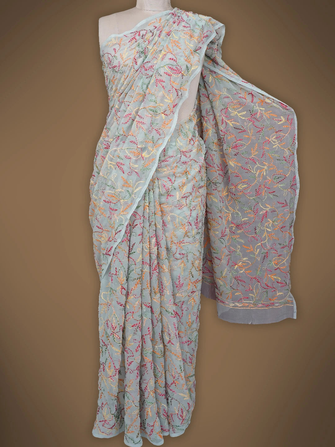 Ada Hand Embroidered Grey Georgette Lucknowi Chikankari Saree and Blouse 01A838105