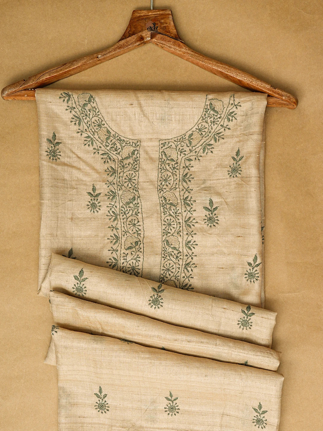 Ada Hand Embroidered Fawn Tussar Silk Lucknowi Chikankari Unstitched Men's Kurta Piece 01A708240