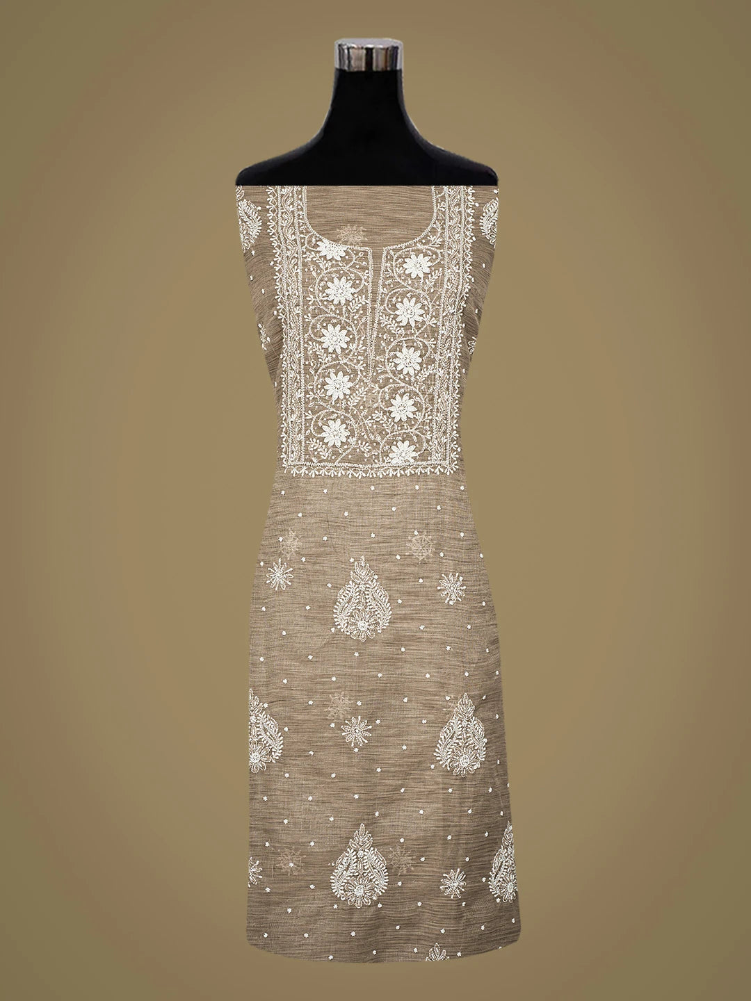 Ada Hand Embroidered Beaver Brown Tissue Lucknowi Chikankari Unstitched Kurta Dupatta Set With Cutdana Work 01A737456