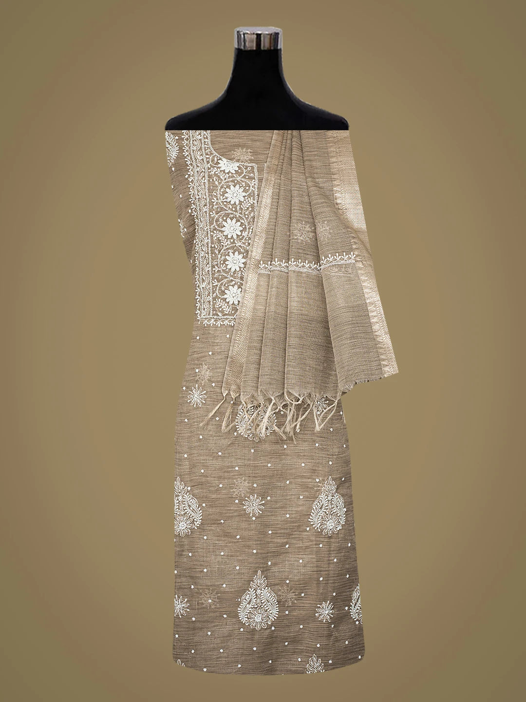 Ada Hand Embroidered Beaver Brown Tissue Lucknowi Chikankari Unstitched Kurta Dupatta Set With Cutdana Work 01A737456